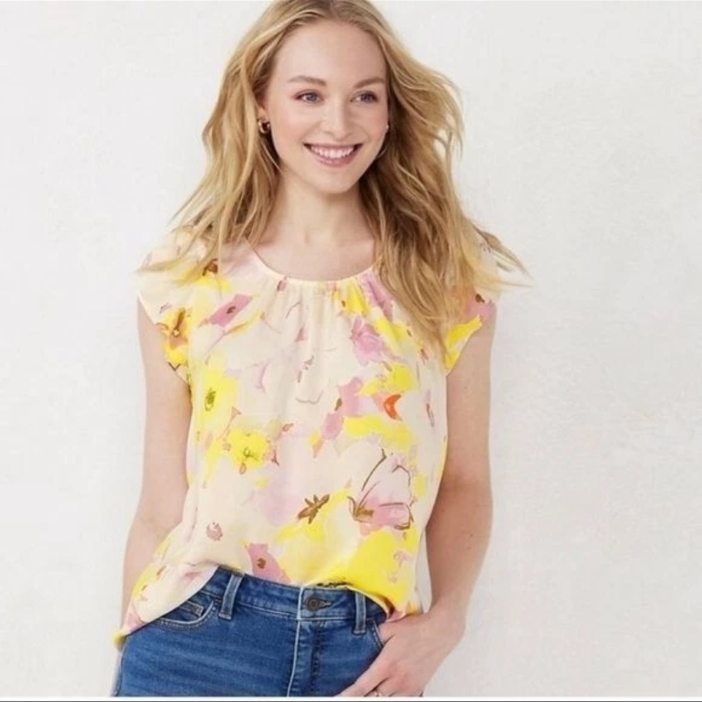 LC Lauren Conrad Flutter Sleeve Blouse Yellow Pink Ruffled